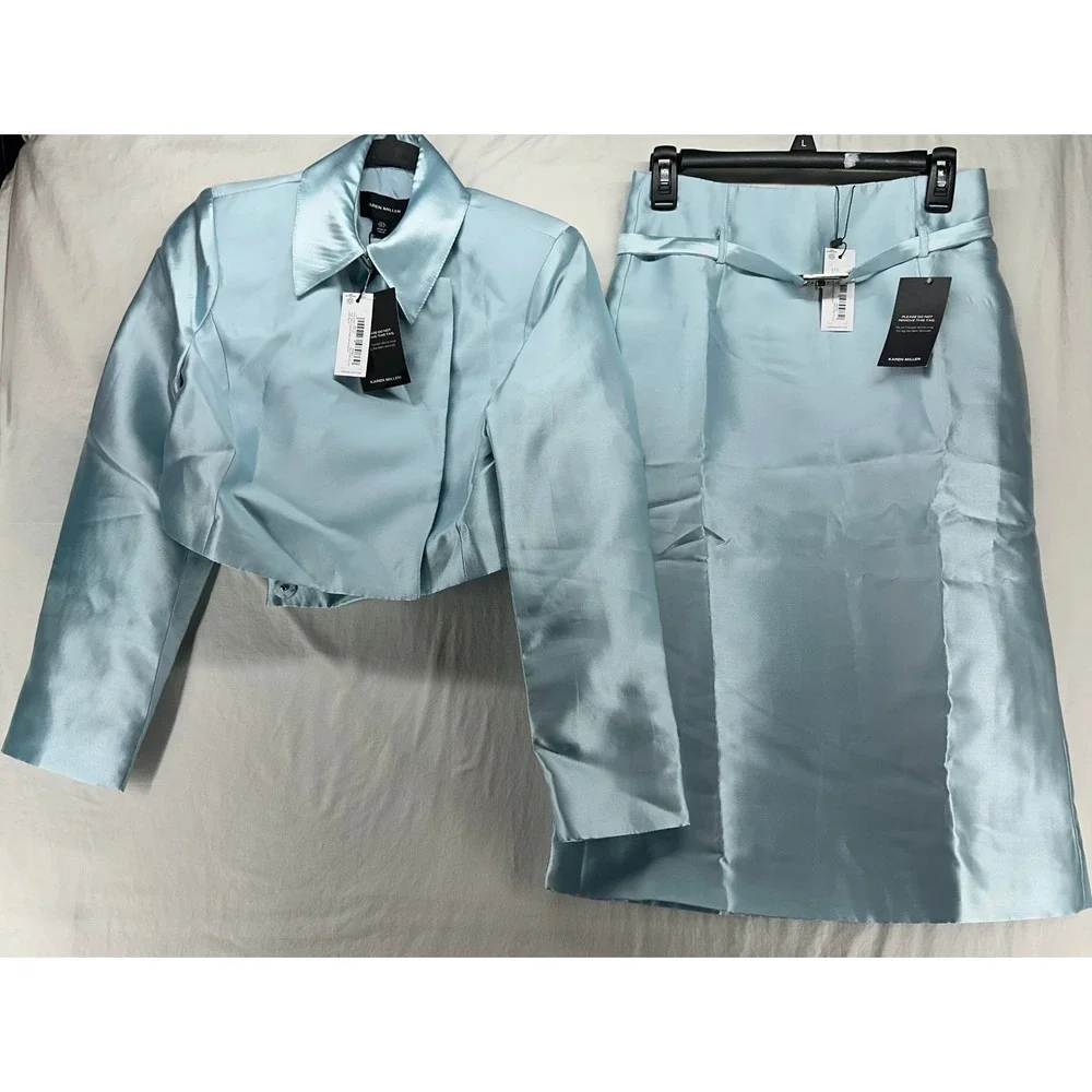 Karen Millen Satin Twill Cropped Wrap Jacket and Skirt Set Pale Blue US 4 NEW